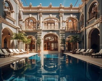 a pool with lounge chairs and a pool in a hotel in Spain