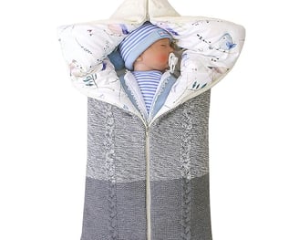 Knitted shell baby sleeping bag with cotton liner.  Zipper access to open and convert to a baby blanket.