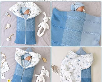 Knitted shell baby sleeping bag with cotton liner.  Zipper access to open and convert to a baby blanket.