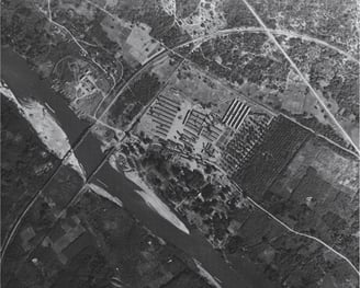 WW2 aerial photo of Kanchanaburi in in 1944. POW camp near River Kwai