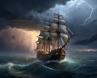 a ship sailing in a storm