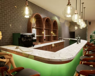 a woman sitting at a bar with a green counter top