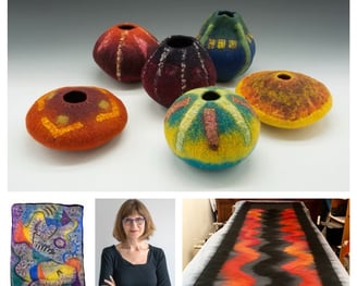 Judith Daniels with photos of her felted vessels