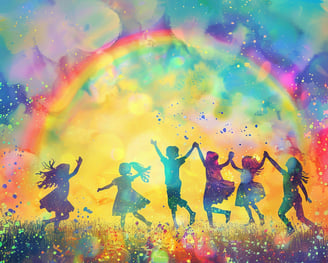 a group of children playing in a field and a big rainbow in the sky