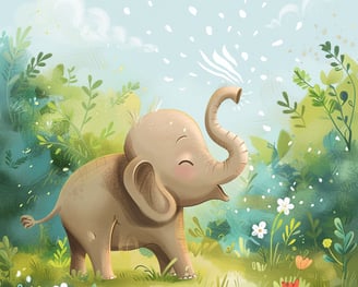 a baby elephant standing in a field with flowers