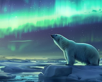 Polar bear in the Arctic tundra under an aurora sky