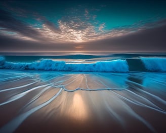 A sunset view of waves breaking on a beach