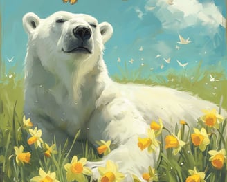 A polar bear is laying down in the grass amongst daffodils