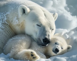 A polar bear with cub sleeping and snuggled close in the snow