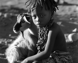 Peter Pickering's website shows a young Himba boy with dreadlocks beside his goat