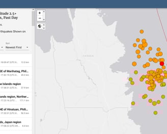 Sample USGS interactive last 24 hours of global earthquakes map and list from December 2023.