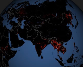 NASA animation of global fires image showing most of Asia and parts of Europe and Africa. Fires highlighted in orange and red