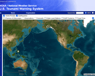 Sample NOAA map of Tsunami threats around the globe. See link for current status.