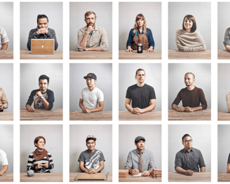 a series of portraits of people sitting at a table