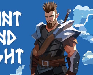a man with a sword and a sword in front of a blue sky