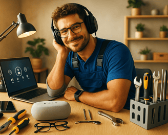 Tech handyman with laptop and smart speaker at workbench. Cedar Rapids home tech setup help.