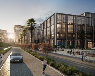 Sunset boulevard view of One Ninety’s Business Quarter with modern glass buildings