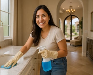 Bathroom cleaning service by Dust Be Gone team sanitizing luxury bathroom in Tempe home