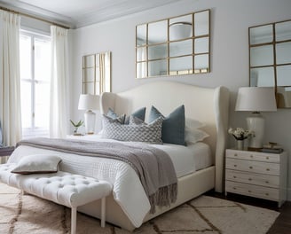 a bedroom with a bed and a bench in the middle of the room