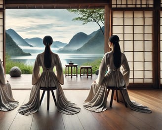 Ancient Chinese Lady meditating and fronting lake and mountain
