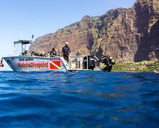 Dive Boat in front of cabo Girao Cliff
