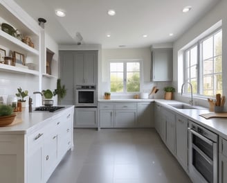 a kitchen with a large window and a sink