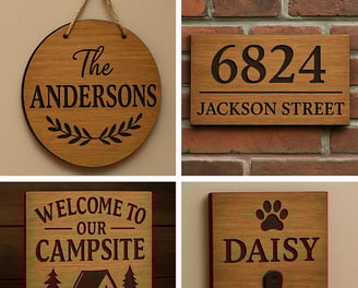 a collage of four different signs with a dog