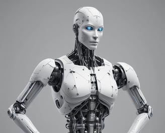 A small, sleek robot with bright green digital eyes stands on a wooden surface. The robot has a compact design with treads for movement and a glossy, dark exterior. The background is blurred with a warm orange hue.