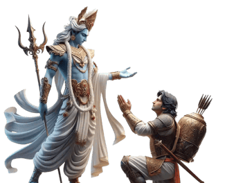श्रीकृष्ण अर्जुन को दिव्य उपदेश देते हुए, अर्जुन समर्पण मुद्रा में