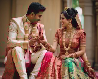 A couple, possibly newlyweds, is cutting a cake with a professional photographer taking pictures of the moment. The setting appears to be a warmly lit reception area with other guests in the background. A smartphone is visible in the foreground, capturing the event.