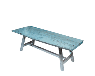 a blue wooden bench with a wooden table top