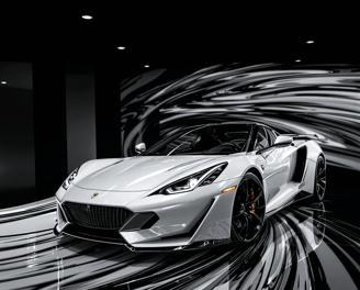 Metallic epoxy coating with black and white swirels around a exotic car in a garage