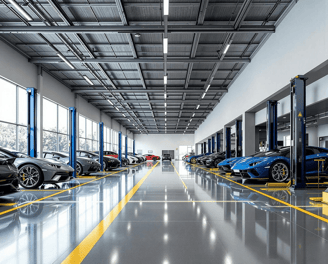 100% solids epoxy concrete coating finish in a garage showroom