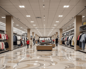 Beige and Almond Metallic Epoxy Swirl epoxy resin flooring in a commercial clothing store 