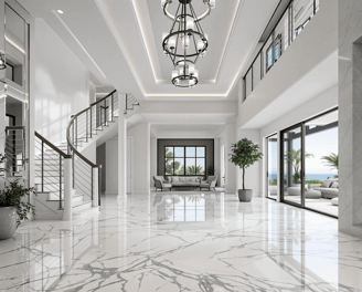 Metallic Epoxy white marble  resin coating with gray veins in a house