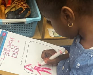 PreK students reflects on an OOPA worksheet.