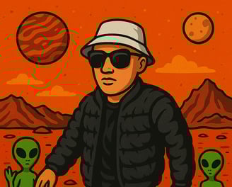 Hustensaft Jüngling wie er über die Oberfläche des Mars spaziert mit Sonnenbrille und entspanntem Gang umgeben von rötlicher