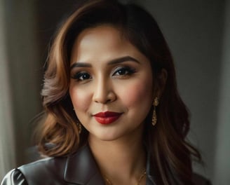 a woman in a suit and red lipstick