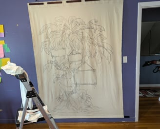A sized, gessoed, and stretched tapestry ready for paint.