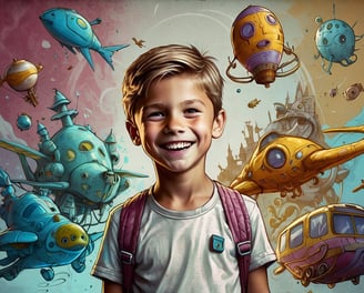 Portrait photo transformed into a young boy with a backpack and backpack on a trip