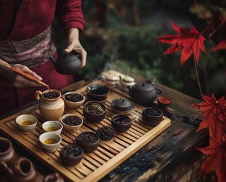 Traditional Chinese tea ceremony with various loose-leaf teas, clay pots, and autumn leaves.