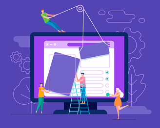 Ilustración de personas construyendo un sitio web con una laptop y herramientas digitales