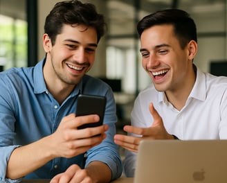 dos hombres celebrando el éxito de su emprendimiento, checando cómo suben las ventas de su negocio.