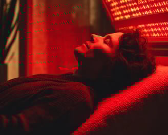 a woman laying on a couch in a red light