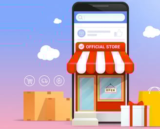 Tienda virtual con ícono de carrito de compras y teléfono mostrando una tienda online