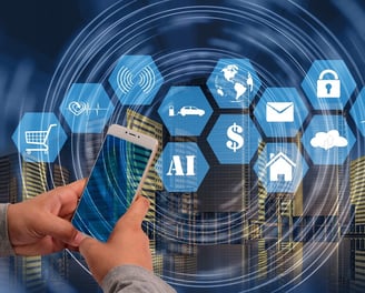 Imagem de um celular e diversos serviços que podem ser feitos no mesmo