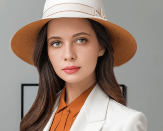 a woman in a white suit and hat
