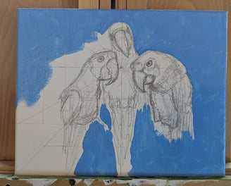 Progress photo of a sketch on canvas being painted.