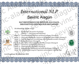 a certificate for a service in the international association nlp in positive psychology