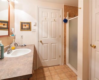 a bathroom with a shower and a sink